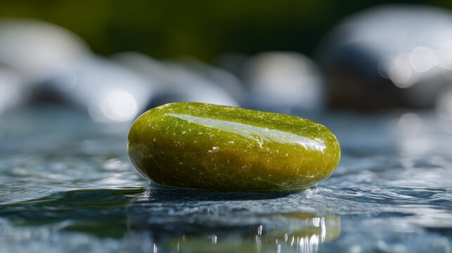 Smooth green wet stone resting calmly in clear flowing river water rock