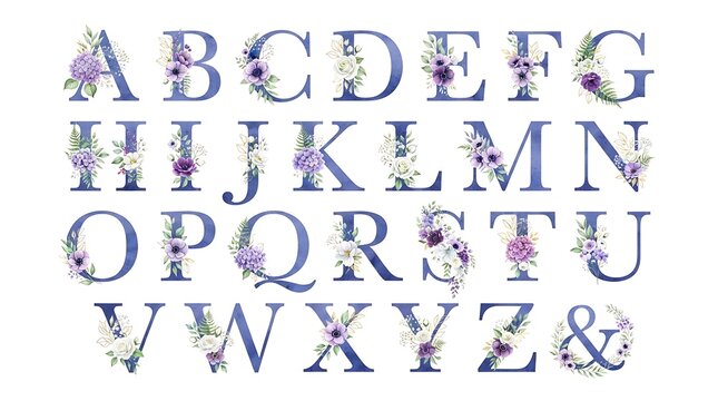 Floral alphabet letters decorated with purple watercolor flowers