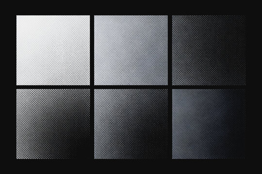Six monochrome halftone gradient squares arranged in a 2x3 grid on a dark solid background, showcasing varying gray tones and dotted texture.