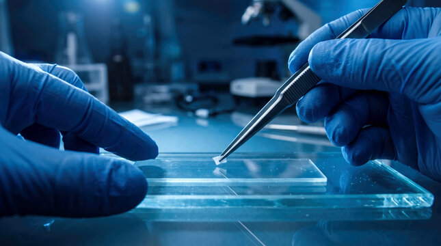 Scientist using tweezers to place a small sample on a glass slide in a laboratory