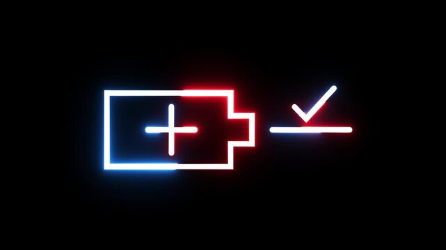 Battery charge icon neon glow animated with checkmark on black background