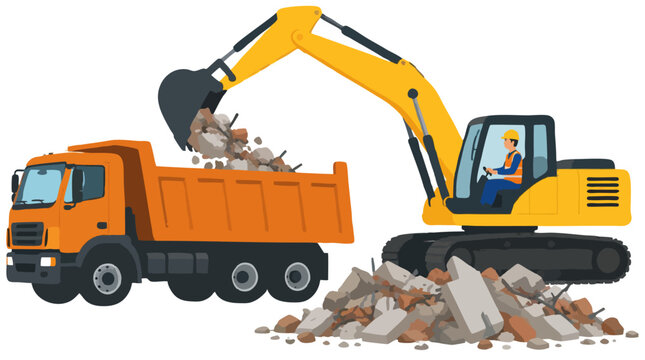 Vector illustration of an excavator operator scooping construction waste and rubble into an orange dump truck, bold flat colors on a clean white background - detailed commercial stock imagery with