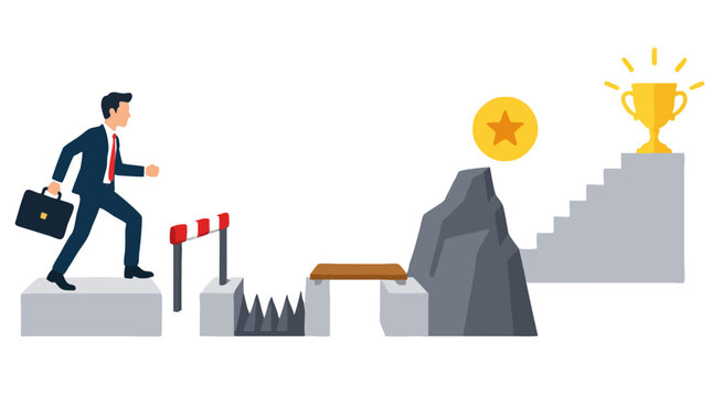 Flat vector illustration of a businessman in a navy suit and red tie striding forward past a striped barrier, a spike pit, a plank bridge, a gray rock and golden stairs to a shining trophy