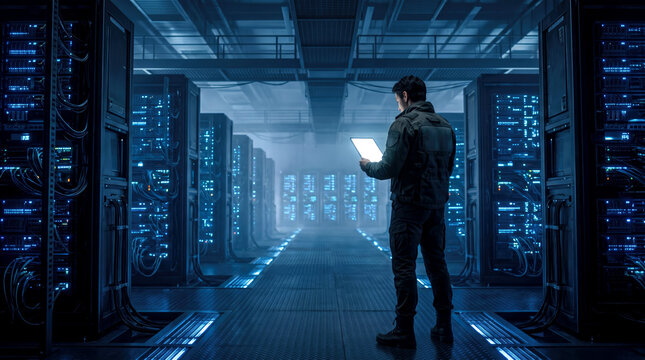 Technician holding tablet in server room, 3D render of data center infrastructure for network security