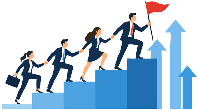 Business team climbing blue bar chart staircase to success, leader holding red flag while diverse colleagues support each other, upward arrows symbolizing teamwork growth and achievement