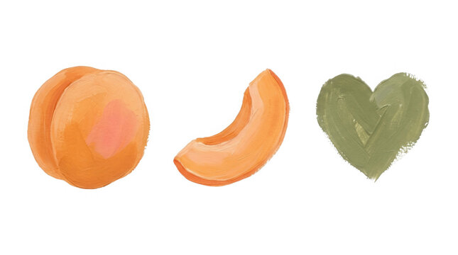  A colorful and artistic representation featuring three distinct shapes, including a round orange macaron, a slice of orange fruit, and a heart shape in muted green tones, symbolizing a playful and cr