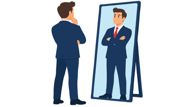 Businessman in blue suit analyzing his reflection in standing mirror with arms crossed, self reflection personal development confidence leadership concept flat vector illustration isolated on white