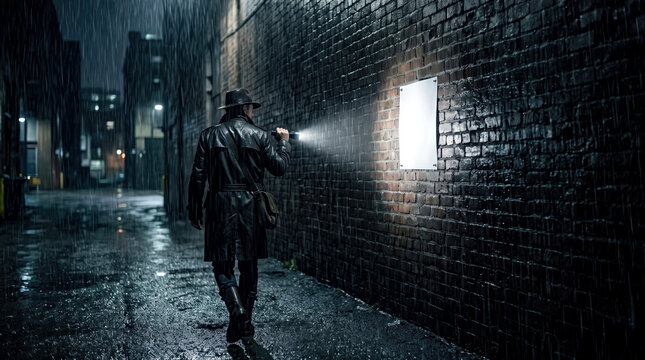 Detective walking along dark brick alleyway at night holding flashlight, cinematic noir style composition