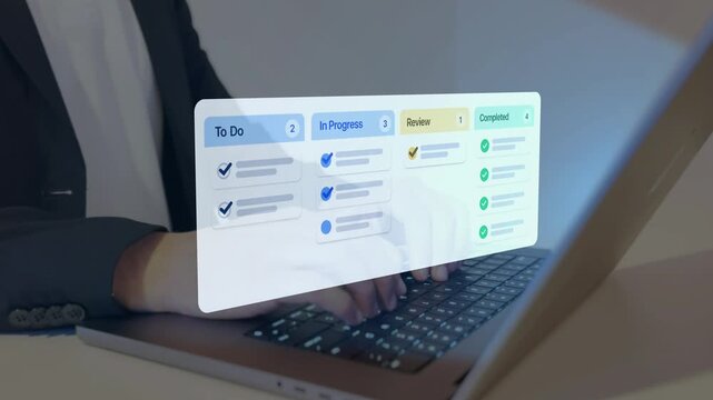 Digital task management interface with completed checklist items and verification marks. organization, productivity, project tracking and operational success.