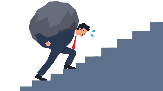 Exhausted businessman in suit carrying giant heavy boulder on back while painfully climbing steep staircase, symbolizing burnout, burden, struggle and business challenge to success concept
