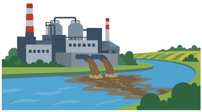 Industrial factory complex with smokestacks discharging brown wastewater pipes into blue river flowing past green fields, flat vector illustration of water pollution and environmental damage