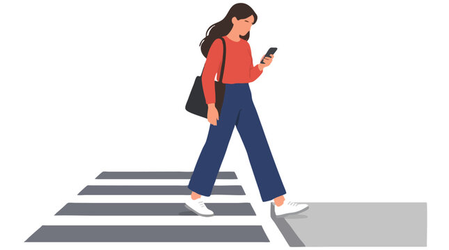 Flat vector illustration of a young woman looking at smartphone while stepping off striped zebra crosswalk onto sidewalk, distracted pedestrian jaywalking danger concept in city urban street