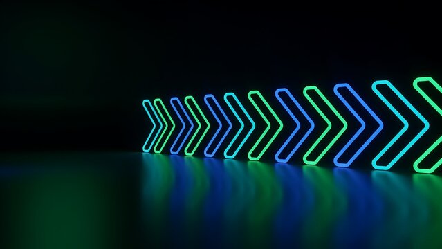 A row of neon arrow shapes extends into the distance on a dark reflective surface