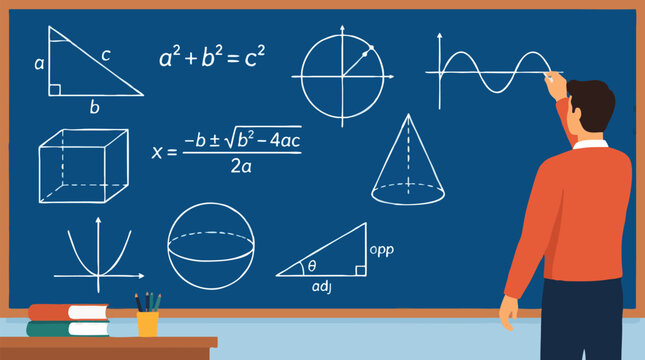 Vector chalkboard scene of a teacher in an orange sweater pointing at math formulas with a sine wave, next to a triangle, cube, cone, sphere, parabola, circle and graph detailed commercial stock