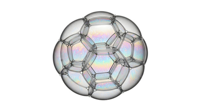Cluster of iridescent soap bubbles forming a complex geometric shape isolated on a transparent background