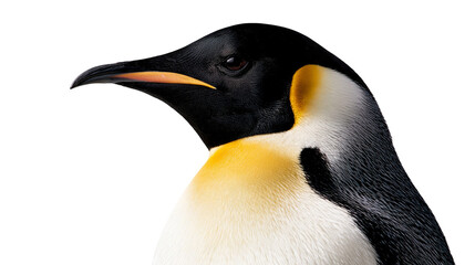 Close up profile portrait of an emperor penguin head with orange and black plumage © Lyra