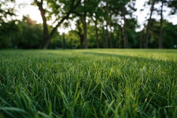 Obraz premium The Grass Field in a Tranquil Park At Sunset Bathed in Light