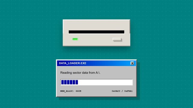 Retro computer loading screen with floppy disk drives and progress bars