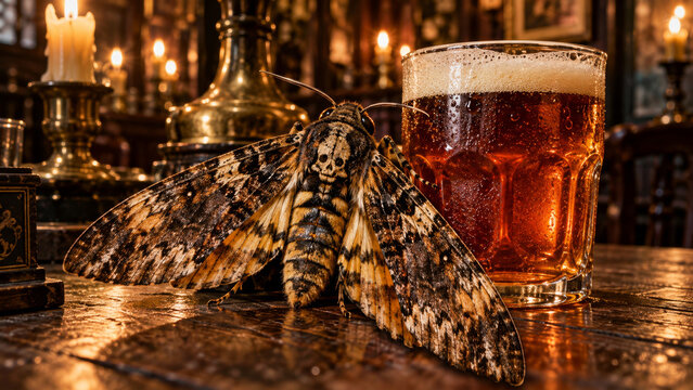 Deaths-head hawkmoth beside a pint of ale on an English pub bar. Halloween at an English pub. Seasonal celebration and autumn holiday. Insect wildlife and natural history.