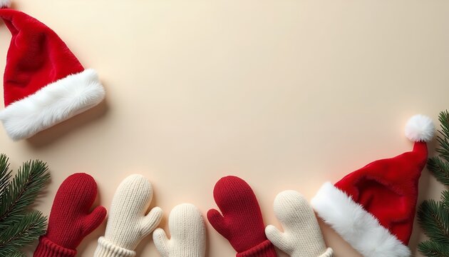 Santa claus hat and knitted mittens with pine branches on a soft beige background, holiday border