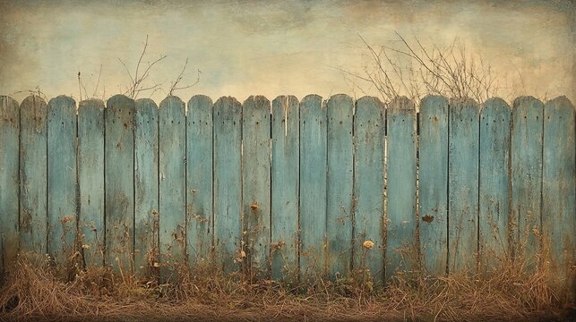 Faded blue fence with weeds in front of muted sky, rural background, weathered