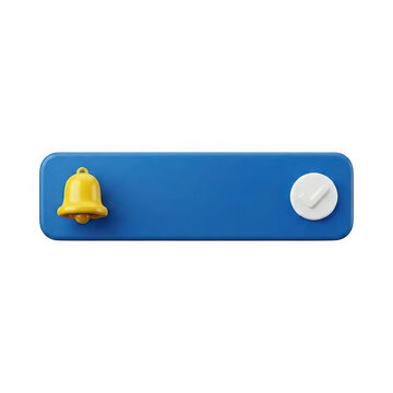 3d notification bell icon on a blue rectangular button with a white toggle switch isolated