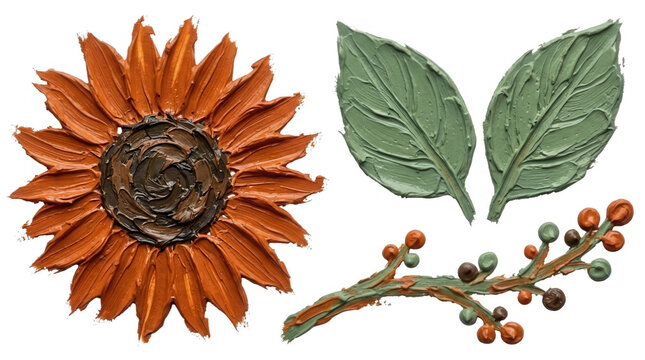 A vibrant arrangement showcasing a textured sunflower in warm shades of orange and brown alongside two green leaves and a decorative branch with colorful berries, exemplifying artistic elements of nat