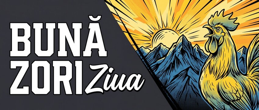 Crowing rooster sunrise morning landscape in pop art comic style banner with mountain dawn background and Romanian text Buna Zori Ziua for vintage farm, alarm, good morning retro illustration design