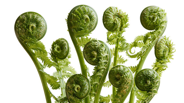 Fresh green fiddlehead fern fronds coiled in spring growth