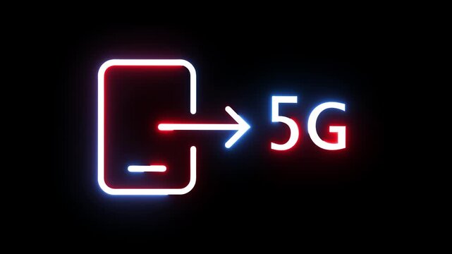 Neon smartphone icon glowing with five g network symbol isolated on dark background footage