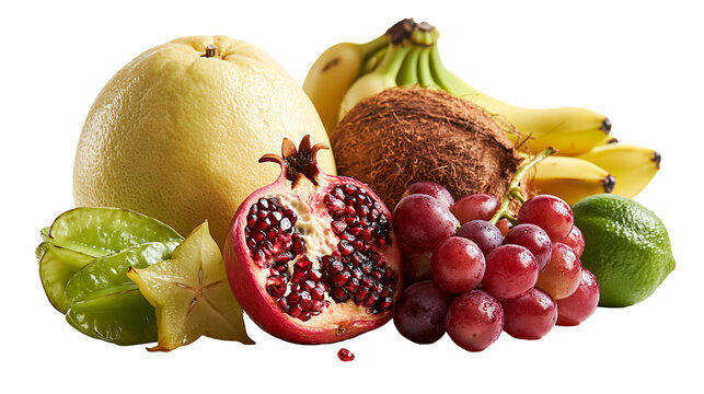 Fresh pomelo pomegranate coconut bananas starfruit, grapes and lime fruit