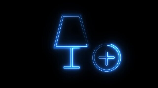 Neon blue lamp icon with plus sign pulsating against dark background motion graphic animation