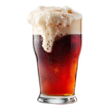 A glass of dark beer with thick foam isolated on white background, concept of refreshment and brewing craft