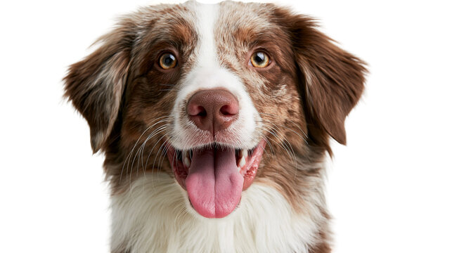 Happy Australian Shepherd dog with brown merle fur and open mouth