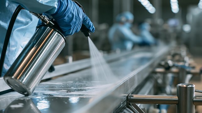A blue-gloved hand sprays disinfectant on a stainless steel conveyor belt in a modern factory, isolated on transparent background. Perfect for promoting hygiene, safety, and.