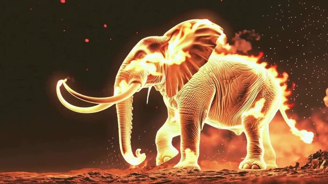 激しい火災とマグマの中で身を構える巨大な象のコンセプトアート