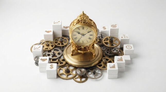 A gold and silver ornate clock with gears and blocks surrounding it, set against a white background.