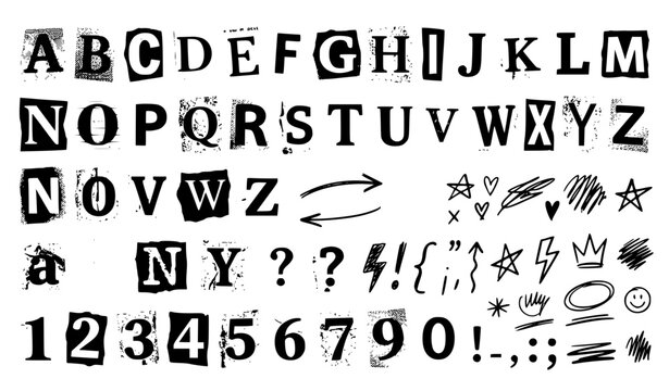 Ransom Note Style Paper Collage Alphabet with Newspaper Cutout Letters and Doodles