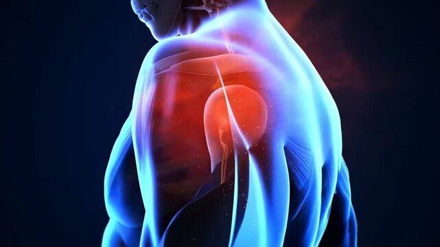 3D video of a human shoulder in pain, side angle view, highlighting anatomy and inflammation. Live desktop wallpaper.