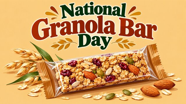 Celebratory graphic design for National Granola Bar Day with healthy snack illustration.