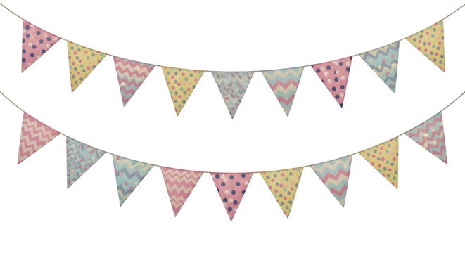 Decorative festive bunting flags with colorful patterns on a clean transparent background