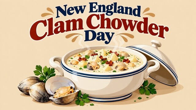 A bowl of creamy New England clam chowder with fresh clams and herbs.