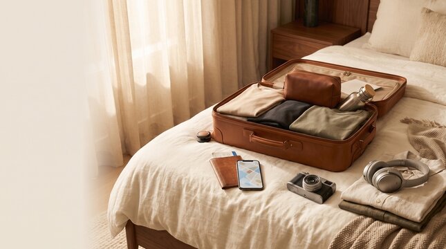 Packed vintage suitcase on hotel bed with travel essentials for