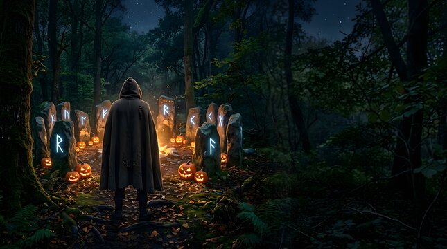 A mysterious figure in a hooded cloak stands before a glowing stone circle in a dark enchanted forest.