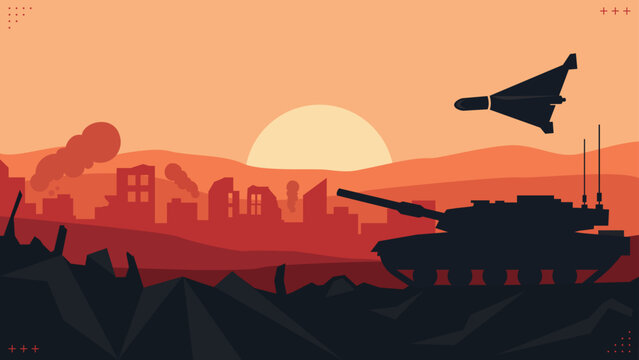 War Battlefield with Military Tank and Drone, Destroyed City at Sunset, Modern Warfare Vector Illustration