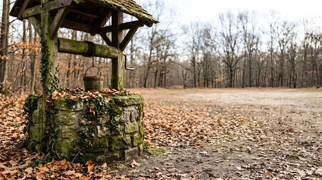 A weathered stone wishing well stands amidst scattered autumn leaves in a tranquil, wooded clearing.