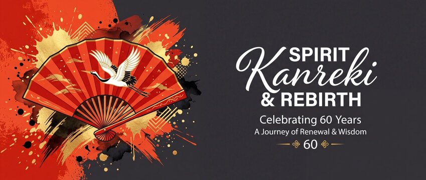 Japanese Kanreki 60th birthday background red folding fan white crane golden watercolor splash oriental culture banner design for 60 years celebration rebirth renewal wisdom event invitation template