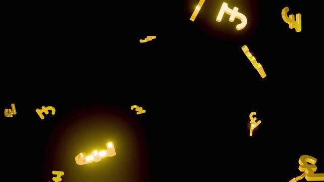 3d gold Pound currency symbol explosion on black background. Looping 3D bursting animation gold Pound sign 4K.