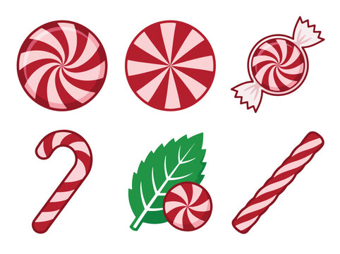 Set of red and white peppermint candy illustrations and candy canes.