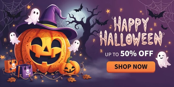 Happy halloween sale banner with large pumpkin and cute ghosts jack o lantern witch hat trick or treat shop now seasonal sale holiday sale